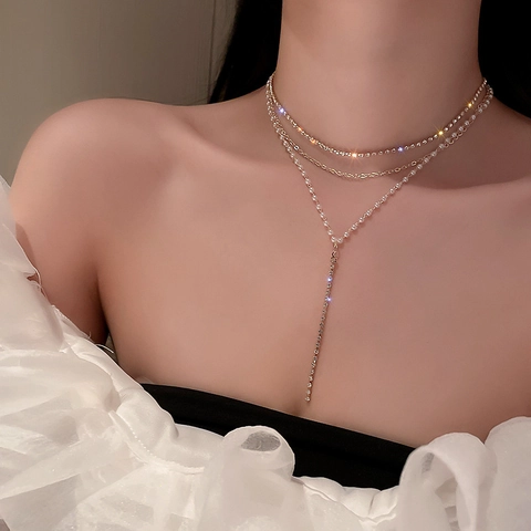 Mode Mehrlagige Halskette Für Damen Mit Legierung Rhinestone Und Kunstperle Y-Förmige Quaste Lange Kette Eleganter Schmuck