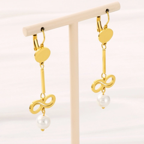 Pendientes Largos Símbolo Infinito Acero Inoxidable Perla Artificial De Concha Geométricos Joyería De Moda Elegante Para Mujer
