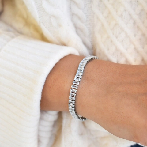 Pulsera De Tenis Con Circonita Corte Baguette Latón Chapado En Oro Real Joyería Brillante Para Mujeres Accesorio De Moda
