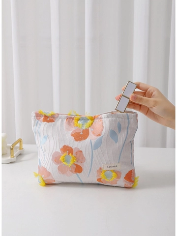 Floral Jacquard Cosmetic Bag Portable Canvas Travel Makeup Organizer Zipper Pouch For Women Sweet Aesthetic Style