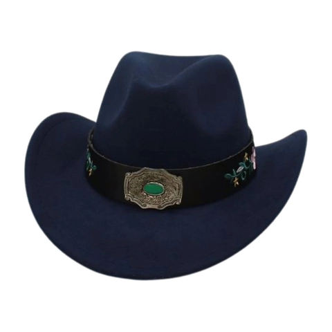Chapeau De Cow-Boy Western Feutre Polyester Rétro Large Bord Broderie Boucle Métallique Pierre Précieuse Extérieur Vacances