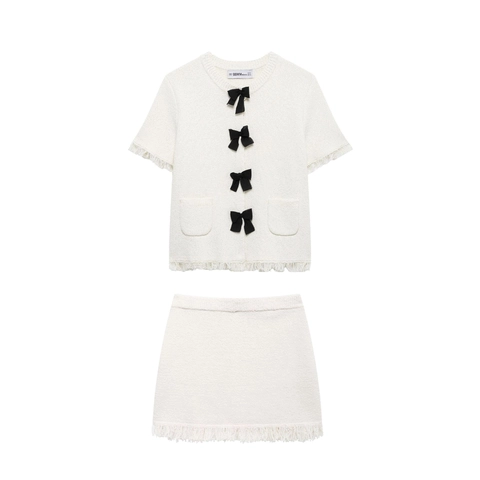 Elegante Witte Tweed Rok Set Strik Kwastje Bijpassende Outfits Voor Dames Vintage Stijl