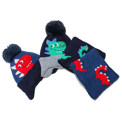 Cappello In Maglia E Sciarpa Bambini Acrilico Inverno Caldo Dinosauro Cartone Animato Pom Pom Protezione Orecchie Ragazzi
