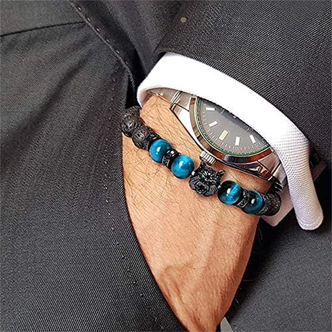Natural Stone Bead Bracelet With Metal Wolf Head Zircon Tiger Eye Obsidian Lava Stone Fashion Jewelry For Men Women