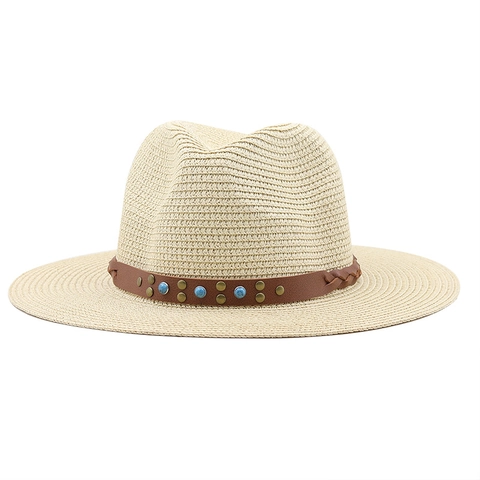 Straw Woven Fedora Hat Sun Protection Beach Travel Bohemian Retro Style With Leather Band Turquoise Rivets For Men Women