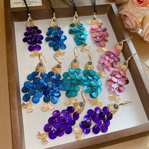 Collar Pendientes Pez Concha Ojo Turco Aleación Poste De Plata Bohemio Vacaciones Mujeres