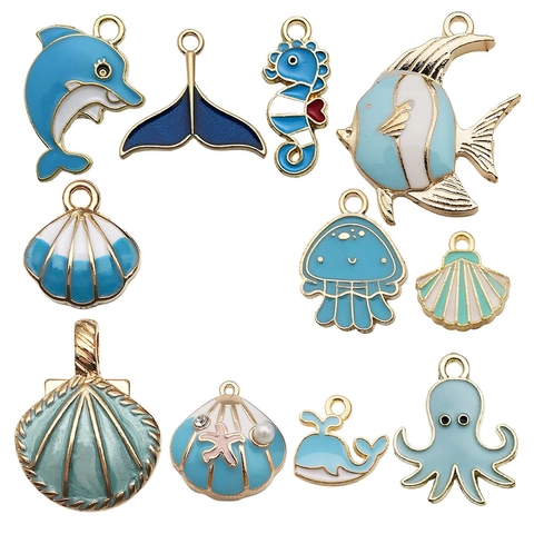 Ocean Theme Zinc Alloy Enamel Charms For Jewelry Making DIY Marine Animal Starfish Shell Dolphin Mermaid Pendants Findings