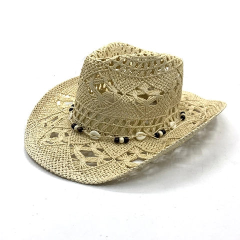 Straw Cowboy Hat Hollow Out Shell Bead Decor Sun Protection Beach Western Style Summer Sunhat For Women Men