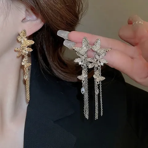 Boucles Doreilles A Pompon Papillon Alliage Strass Longues Pendantes Avec Tige En Argent Sterling 925 Elegant Mode Femme