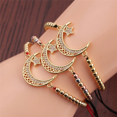 Star Moon Zircon Adjustable Bracelet Gold Plated Copper Handcrafted Jewelry Bohemian Style