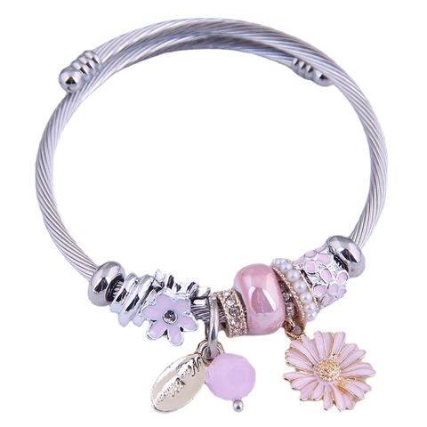 Charm Bracelet For Women Alloy Twisted Wire Adjustable Open Bangle With Enamel Flower Glass Beads Heart Key Bear Pendant