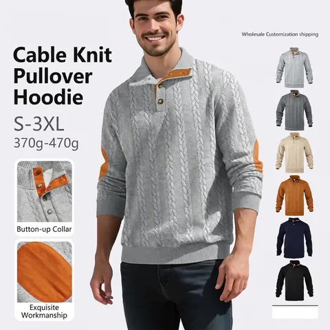Heren Gebreide Polo Pullover Lange Mouwen Henley Kraag Sweatshirt Met Contrast Elleboog Patches Casual Top