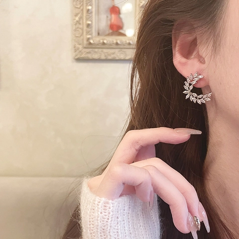 Pendientes De Botón De Hoja De Trigo Con Circonita Y Poste De Plata De Ley 925 Elegantes Minimalistas Color Plata Para Mujer
