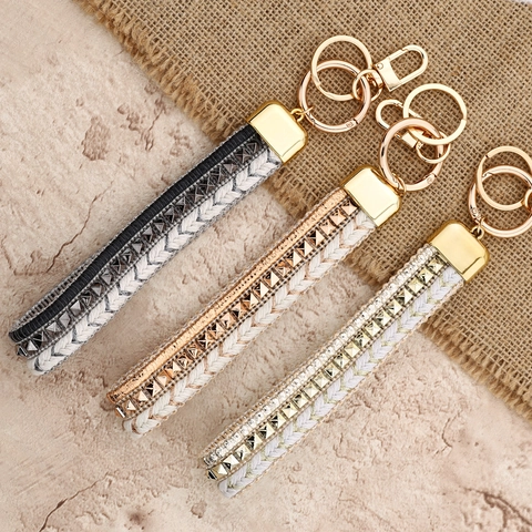 Hand-Woven Fabric Wrist Strap Keychain Gold Edged Rivet Studded Anti-Lost Phone Lanyard Bag Pendant INS Nordic Jewelry Gift