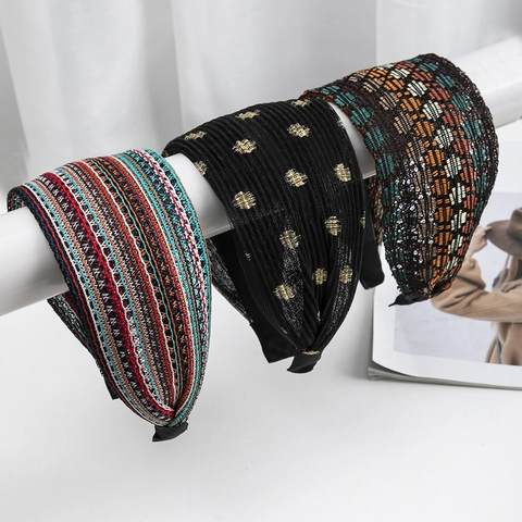 Wide Headband For Women Colorful Woven Stripe Geometric Pattern High Top Retro Hair Hoop Non Slip Fashion Hair Accessory