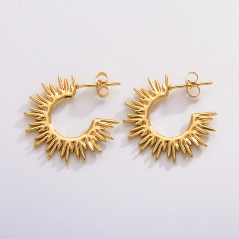 Vintage Stainless Steel Geometric Leaf Hoop Earrings For Women Gold Plated Hammered Sunburst U-Shaped Fashion Jewelry