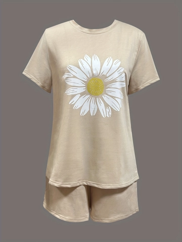 T-Shirt E Pantaloncini Estivi Da Donna Stampa Margherite Girocollo Manica Corta Poliestere Spandex Casual Loungewear Comoda