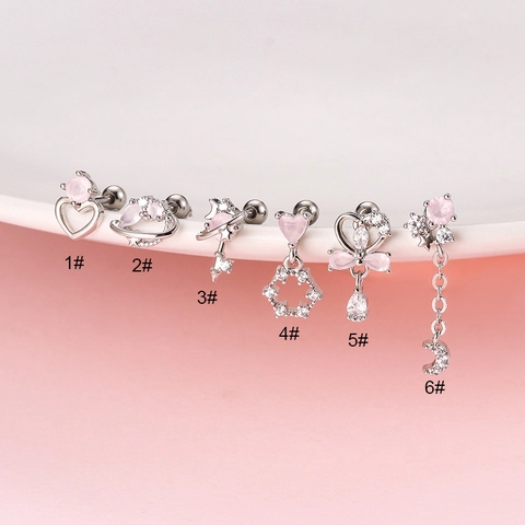 Fairy Stijl Kraakbeen Piercing Oorbel Roestvrij Staal Schroefsluiting Helix Stud Met Roze Zirkoon Hart Planeet Hanger Dames