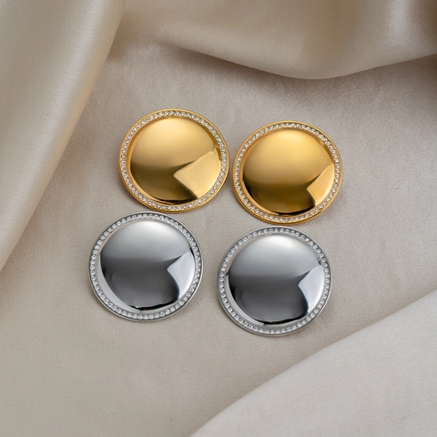 Overdreven Roestvrij Staal Strass Ronde Oorbellen Voor Vrouwen Goud Zilver Verguld Geometrisch Spiegel Oppervlak Vinger Ring Mode Sieraden