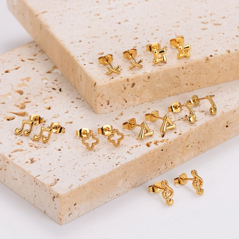 Musiknote Blume Herz Edelstahl Ohrstecker Gold Vergoldet Geometrische Unregelmäßige Einfache Mode Für Frauen Mädchen