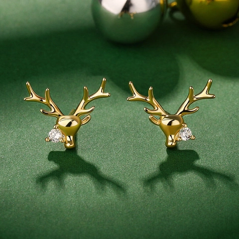 Reindeer Antler Stud Earrings Copper With Cubic Zirconia Christmas Holiday Jewelry For Women Cute Novelty