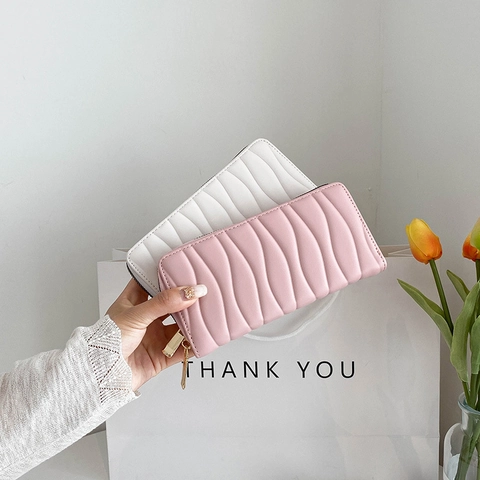 Wavy Quilted Women Long Wallet PU Leather Zipper Around Clutch Purse Large Capacity Card Holder Fashion Solid Color