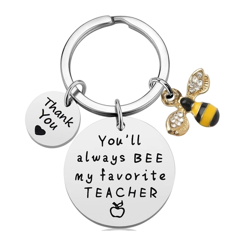 Teacher Appreciation Keychain Stainless Steel Bee Charm Rhinestone Engraved Gratitude Gift For Educator Mentor Birthday Graduation