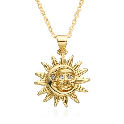 Collier Pendentif Visage Soleil Lune Cuivre Plaqué Or Zircon Marguerite Fleur Vintage Bohême Tarot Chaîne De Pull Pour Femmes