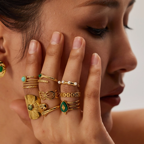 Vintage Stainless Steel Rings For Women 18K Gold Plated Natural Malachite Turquoise Faux Artificial Pearl Braided Adjustable