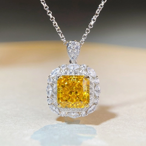 Collana con Ciondolo in Argento Sterling 925 Lusso Quadrato Strass Taglio Radiant Doppio Halo Quadrato Gioielli Eleganti per Donna