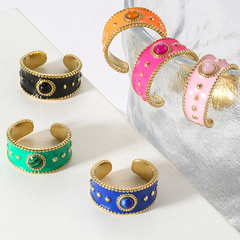 Breitring Edelstahl Emaille Tropföl Eingelegter Stein Verstellbar Offen Böhmisch Retro Stil Damen Modeschmuck