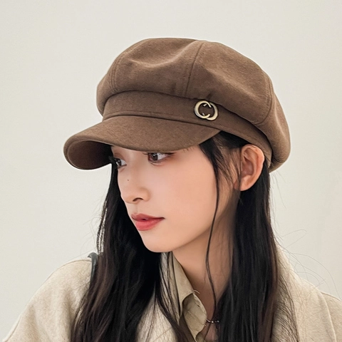 Women Retro Octagonal Hat British Japanese Style Newsboy Cap Solid Color Acrylic Flat Hat With Metal Buckle For Winter