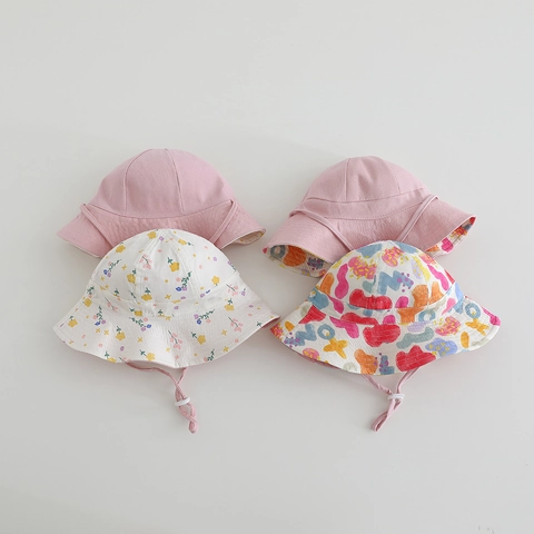 Cappello Da Pescatore Bambini Cotone Traspirante Protezione Solare Corda Antivento Regolabile Stampa Graffiti Fiori Estate