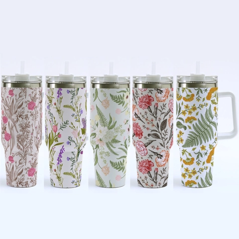 Insulated Tumbler Stainless Steel Travel Mug With Handle Lid And Straw Vintage Floral Pattern Portable Outdoor Car Cup