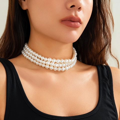 Bohemian Multi Layer Imitation Artificial Pearl Choker Necklace For Women Vintage Elegant Gold Silver Plated Beaded Statement Wedding Jewelry