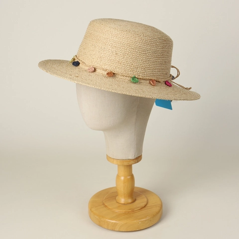 Boho Women Raffia Straw Boater Hat With Colorful Crochet Decoration Flat Top Wide Brim Summer Beach Vacation Sun Hat