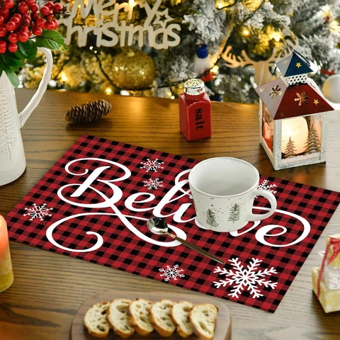 Mantel Individual Navidad Cuadros Búfalo Letras Believe Copo Poliéster Tapete De Mesa Resistente Al Calor Decoración