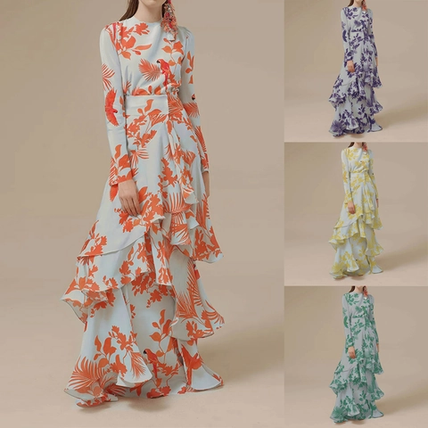 Floral Print Maxi Jurk Lange Mouwen Ruches Gelaagd Tropisch Bohemian Ronde Hals Hoge Taille Onregelmatig Polyester Dames