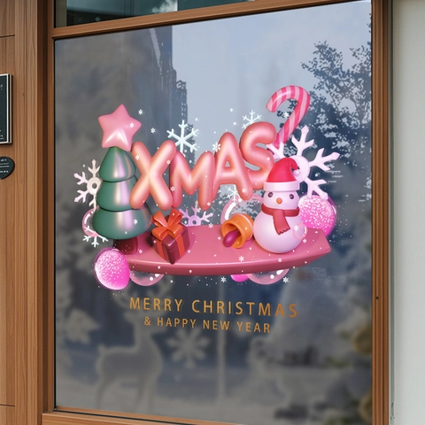 Christmas Window Clings PVC Static Stickers 3D Pink XMAS Letters Snowman Tree Double Sided Removable Holiday Party Decor