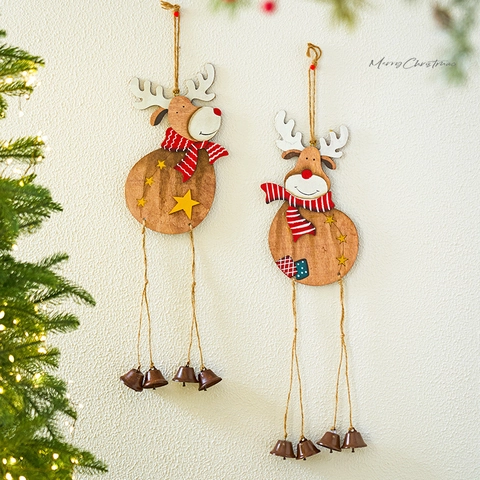 Ornamenti Appesi Renna Di Natale In Legno Con Campanelli In Metallo Sciarpa In Tessuto Corda Di Juta Decorazione