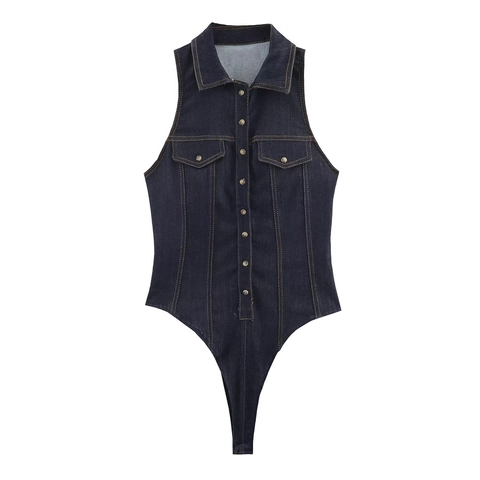 Ärmelloser Denim Body Slim Fit Button Down Reverskragen Baumwolle Denim Romper Für Frauen Casual Chic Mode