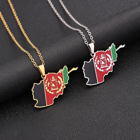 Afghanistan Map Pendant Necklace Stainless Steel Enamel Flag Colors Ethnic Retro Jewelry For Men Women Couples