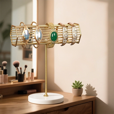 Luxury Gold Iron Jewelry Organizer Stand With Marble Base For Watches Bracelets And Hair Scrunchies T-Shaped Display Rack