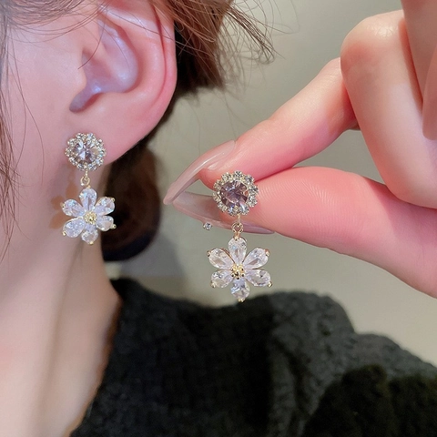 Flower Dangle Earrings Copper With Zircon Rhinestones And 925 Sterling Silver Earring Post Elegant Sparkling Fashion Women