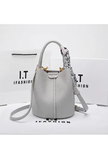 Women Genuine Leather Bucket Bag Lychee Pattern Cowhide Handbag With Satin Scarf Handle Large Capacity Shoulder Crossbody