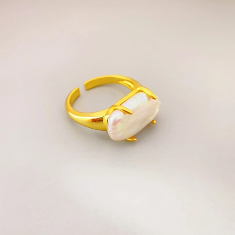 Vintage Gold Plated Copper Open Ring For Women With Natural Baroque Freshwater Pearl Adjustable Retro Finger Ring Jewelry