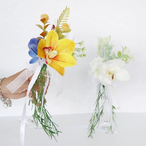Decorazione Per Bicchiere Da Vino Matrimonio Orchidea Artificiale Elegante Fiore Di Raso Decorazione Coppa Champagne Nastro Perla Artificial Finta Banchetto