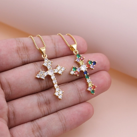 Bohemian Vintage Gold Plated Copper Cross Pendant Necklace With Multi-color White Zirconia For Women Religious Sweet Jewelry