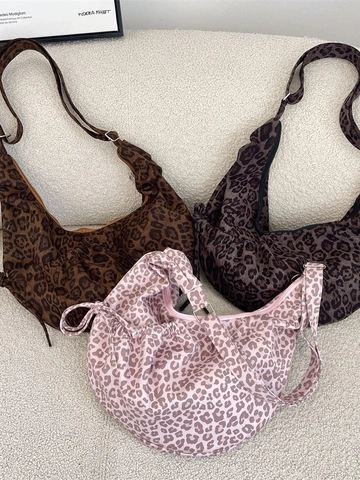 Sac Hobo Imprimé Léopard Texture Daim Grande Capacité Plissé Demi-Lune Sac À Épaule Pour Femmes Style Coréen
