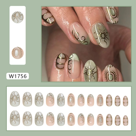 Press On Nagels Saliegroen Cat Eye Met Goud 3D Zonnreliëf Boheemse Stijl Kunstnagels Voor Vrouwen